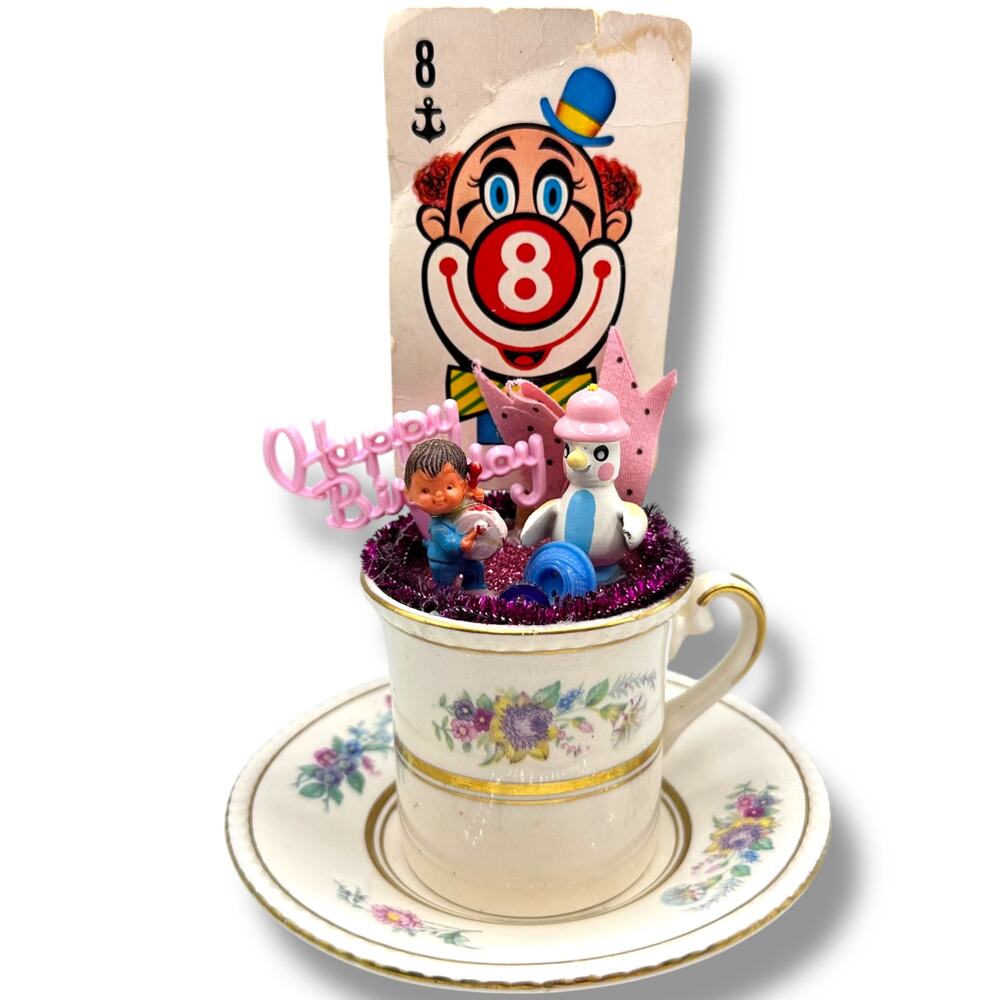 Playful 3-D Birthday Teacup Assemblage Art Sculpture by Kitsch Emporium